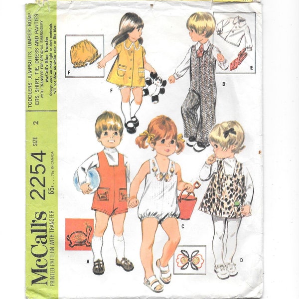 Toddlers'JUMPSUITS Rompers Jumper Shirt Tie Dress & Panties ~ Vintage Sewing Pattern Toddler Size 2  McCalls 2254 ~ Transfers for Embroidery