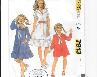 Laura Ashley DRESS Sailor Collar ~ Child Size 4 Vintage Sewing Pattern ~ Cottagecore ~ Button Front ~ Dickey & Tie  Short Long Sleeves UNCUT