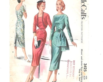 1950s DRESS & BOLERO Sash ~ Vintage Sewing Pattern Cocktail Party Straight Wiggle Dress w/ Sash at Waist Bolero Jacket Size 11 McCalls 3425
