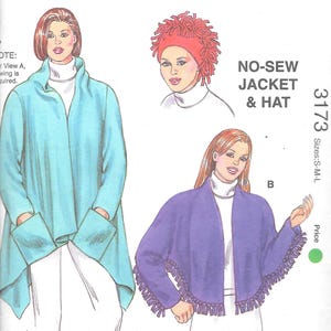 May include: Kwik Sew pattern 3173 for a no-sew jacket and hat. The pattern features illustrations of a light blue jacket with large pockets and a purple fringed cape. The pattern includes sizes S-M-L.