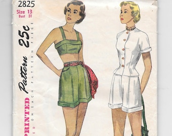 1940s Summer JACKET Bra SHORTS ~ Vintage Sewing Pattern ~ Simplicity 2825 ~ Size 13 Bust 31 ~ Shorts w/ Cuffs ~ Fitted Jacket ~ Bra Top