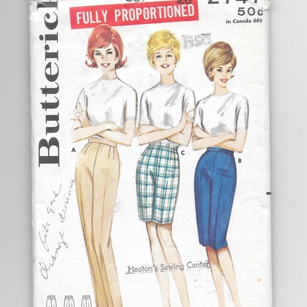 1960s PANTS & SHORTS ~ Vintage Sewing Pattern Proportioned Pants with trouser crease ~ Shorts ~ Knee Length ~ Bermuda Length Butterick 2747