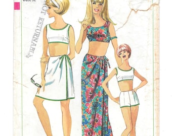 1960s SARONG SKIRT in Two Lengths and Two Piece Bathing Suit ~ Vintage Sewing Pattern Simplicity 6547 ~ Cover Up Wrap Beach SARONG ~ Bust 32
