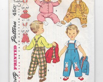 1950s Toddler OVERALLS JACKET HAT Vintage Sewing Pattern ~ Child Toddler Size 2  Bunny Rabbit Embroidery Transfer ~ Overall Pants Jacket Hat