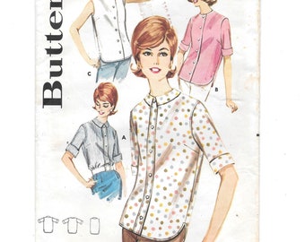 1960s Shirt BLOUSE Vintage Sewing Pattern ~ Size 14 Bust 34 ~ Butterick 2713 ~ Sleeveless ~ Roll-Up 3/4 Sleeves ~ Front button ~ Collar