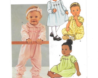 Baby Infants' DRESS, JUMPSUIT  HEADBAND sewing pattern ~ Butterick 3673 ~ Size Nb S M L xL ~ Baby Dress front tucks and back buttons ~ Uncut