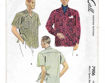 1940s Men's Sports SHIRT Vintage Sewing Pattern ~ McCall 7906 ~ Size Medium 38 40 ~ Short or Long Sleeve ~ Collar ~ Button front ~ Pockets