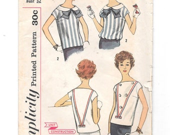 1950s BLOUSE Overblouse~ Vintage Sewing Pattern ~ Simplicity 2895 ~ Size 12 Bust 32 ~ Simple to Make ~ Nautical Blouse ~ Kimono Cap Sleeves