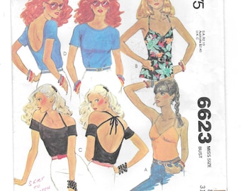 1970s TOP Vintage Sewing Pattern ~ Stretch Fabric Tops ~ Off Shoulder ~  Spaghetti Straps ~ Open Back T-shirt McCall's 6623 Size 8 Bust 31.5