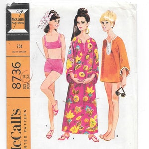 May include: A vintage McCall's sewing pattern for a two-piece bathing suit and a long or short djellaba. The pattern is for sizes 14 and bust 34. The pattern is printed on a white background with a yellow border. The pattern shows three women wearing the different garments. The djellaba is pink with floral print, the bathing suit is pink and white, and the short djellaba is orange.