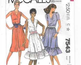 1980s DRESS ~ Vintage Sewing Pattern McCall's 7543 ~ Bust 36 ~ Pullover Dress Skirt Ruffle ~ Sleeveless or Short Sleeve Front Button~ UNCUT