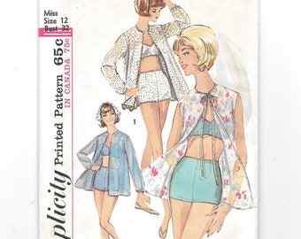 1960s Beach Jacket & Bathing Suit Vintage Sewing Pattern Simplicity 5507 Swimsuit Cover-Up Long Sleeve Sleeveless Bra Top Bust 32 Boy Shorts