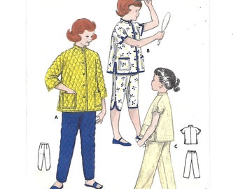 1950s Girl's COOLIE PAJAMAS ~ Vintage Sewing Pattern ~ Lounge or sleeping Pajamas ~ Girl's Size 10 Breast 28  Butterick 7058 Choice of Pants