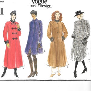 May include: Vogue basic design pattern featuring four coat designs. The coats are in red, purple, tan, and black and white houndstooth. Each coat has a different style, including button closures and fur trim. The pattern includes the Vogue logo.