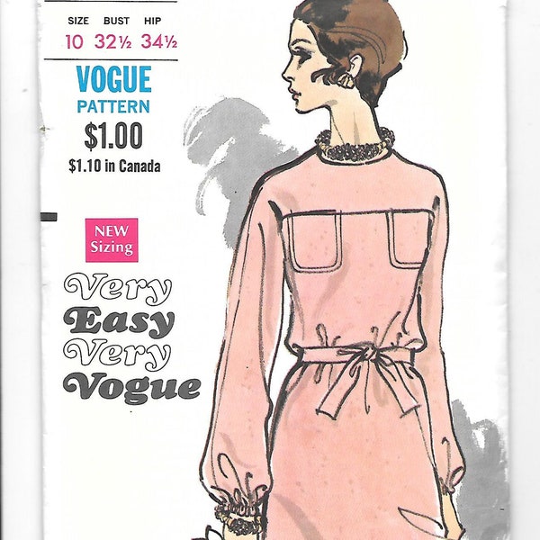 1960s DRESS Vintage Sewing Pattern ~ Vogue 7636 ~ Size 10 ~ Loose-fitting Straight Dress ~ Jewel Neckline ~ Pockets ~ Long Sleeves ~ UNCUT