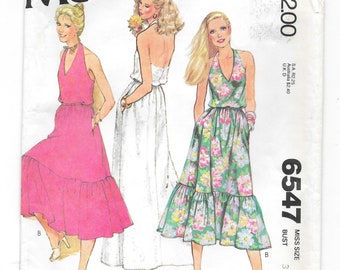 1970s HALTER DRESS in two lengths ~ Vintage Sewing Pattern McCall's 6547 ~ Size 8 Bust 31 1/2 ~ Side Pockets ~ Elastic Waist ~ Skirt Ruffle