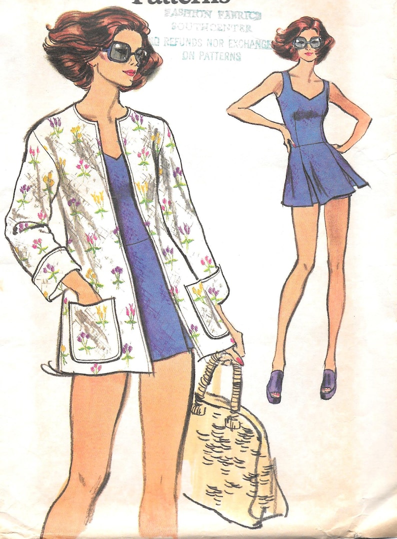 1970s Misses' SWIMSUIT SHORTS JACKET Very Easy Vogue 8884 Vintage Sewing Pattern Size 14 Bust 34 Sweetheart Neckline Uncut Bild 4
