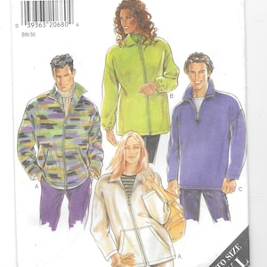 May include: A sewing pattern for a jacket with a zipper closure. The pattern includes four different styles: a green jacket, a white jacket, a purple jacket, and a multi-colored jacket. The pattern is for sizes S-XXL. The pattern is from New Look.