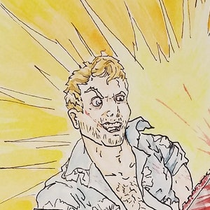 May include: Watercolor illustration of a chaotic scene with three figures. A man with a chainsaw, another with a gun, and a third with a spear. The background features explosions and a bright yellow light.