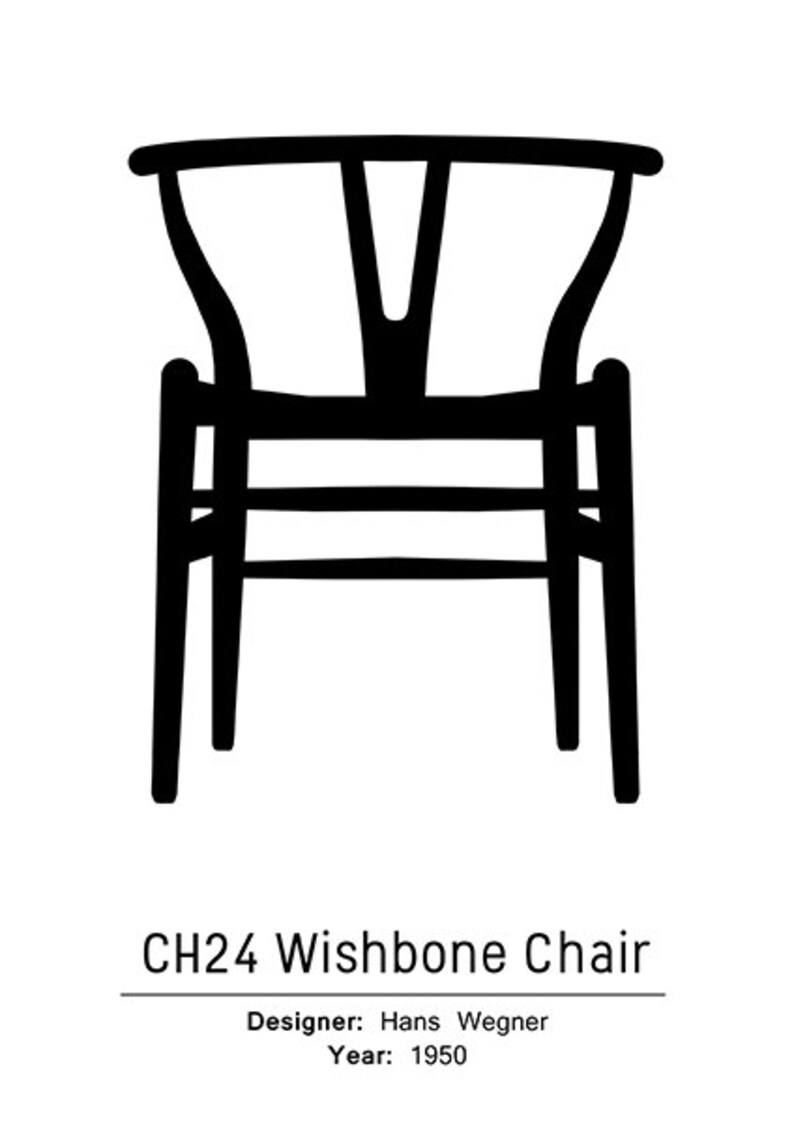 CH24 Wishbone Chair Poster Black and White Art Print Digital Download
