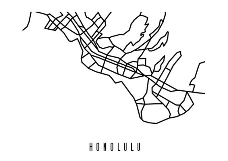 Honolulu Abstract Map Black and White Art Print Digital Download Art ...