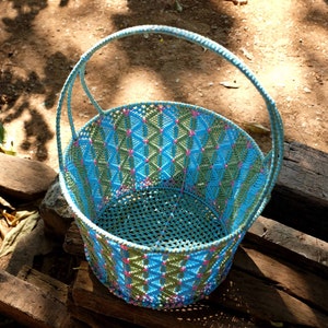 Macrame,Basket,Handmade,Big,Round,Natural,Colorful in Blue, Pink and Jade color ,Storage,Picnic,Fruit basket,Decorative,Gift,Outdoor image 1