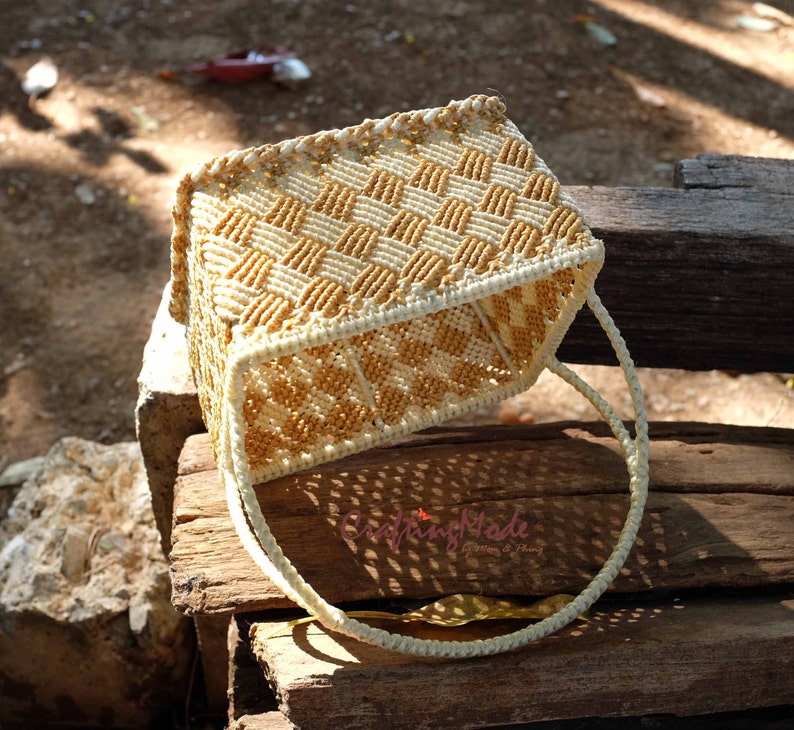 Macrame, Basket,Handmade,Medium size,Natural color ,Birch and Ivory colors ,Storage,Picnic,Decorative,Gift,Outdoor,Weaving basket. image 1