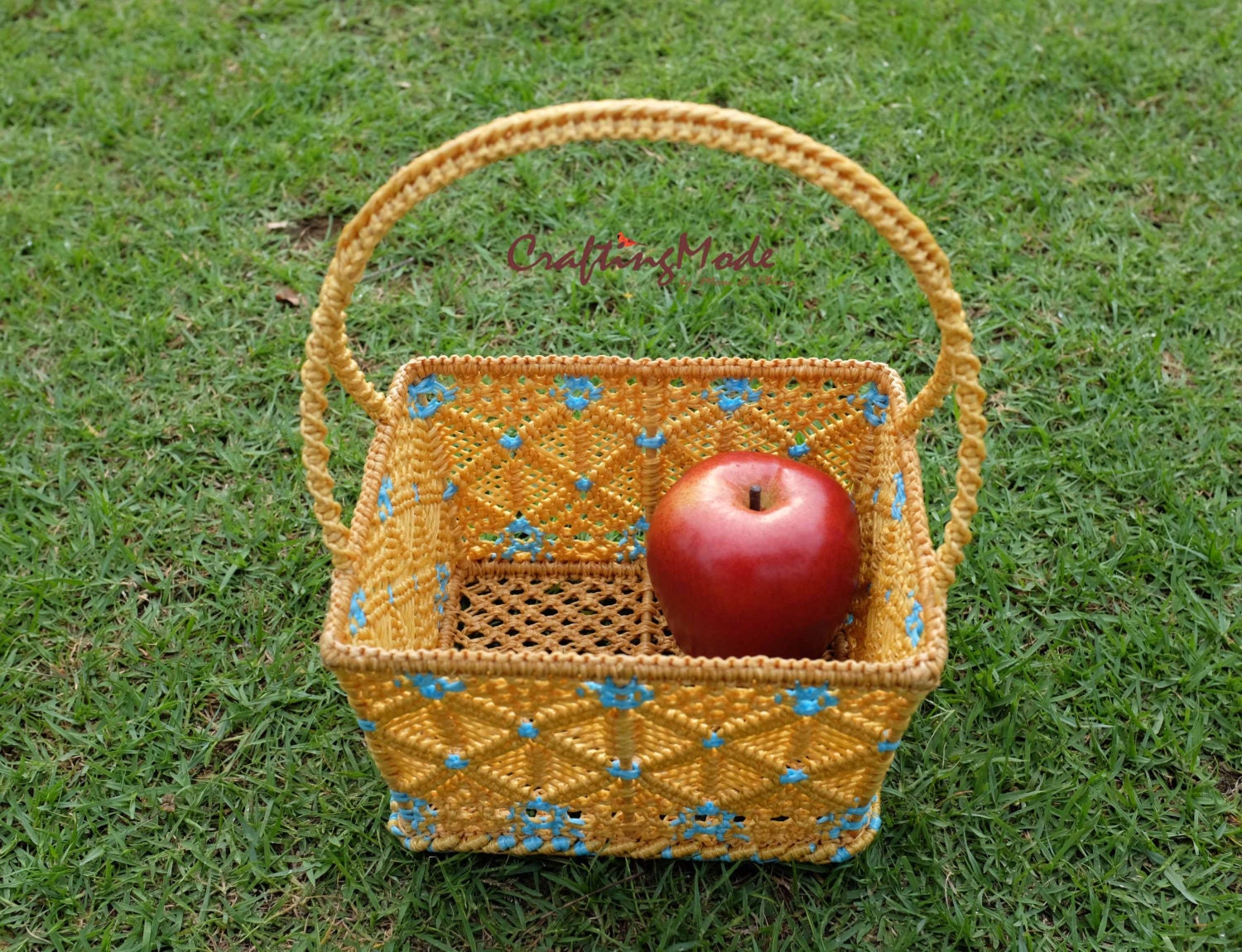 Macrame, Basket,handmade,medium Size,natural Color ,gold and Blue
