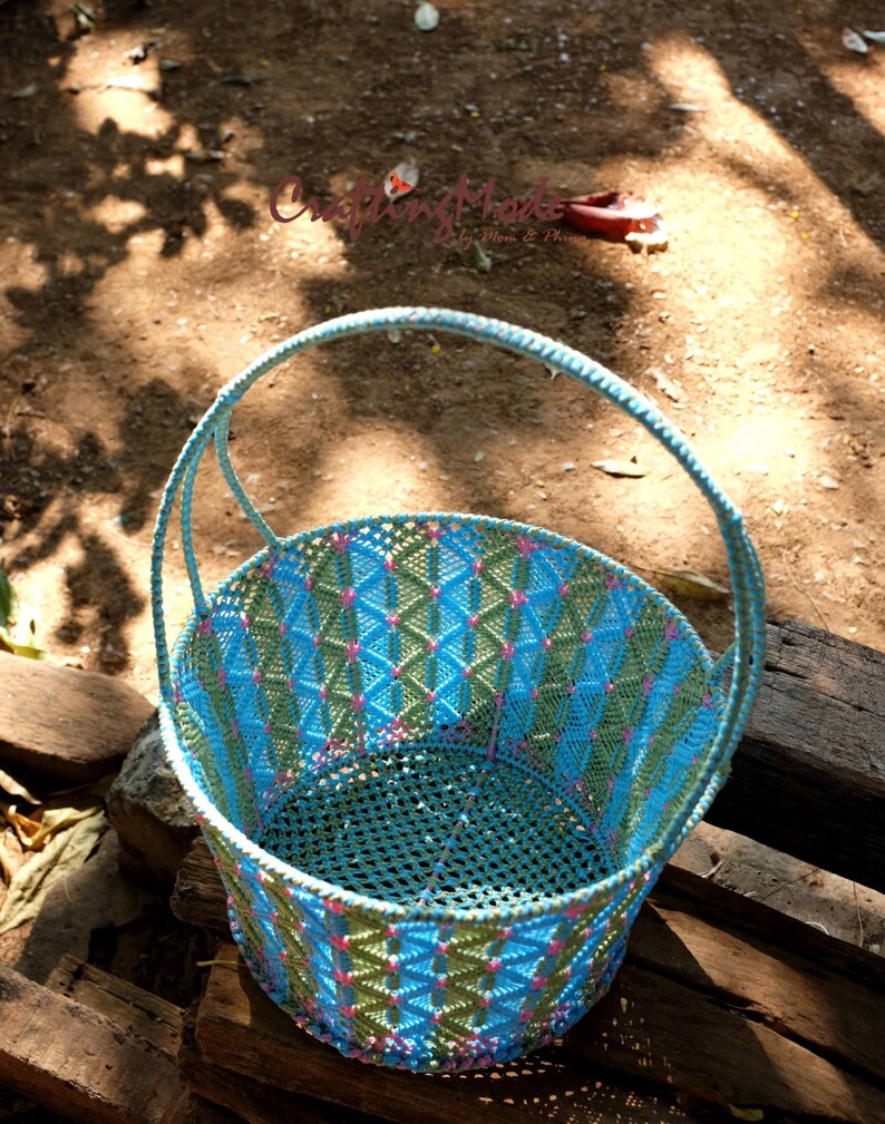 Macrame,Basket,Handmade,Big,Round,Natural,Colorful in Blue, Pink and Jade color ,Storage,Picnic,Fruit basket,Decorative,Gift,Outdoor image 1