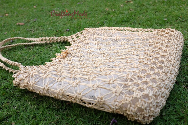 Sac Filet Macramé Fait Main - Fourre-tout En Coton Blanc - Style Boho, Plage, Marché - Neuf Sans étiquette