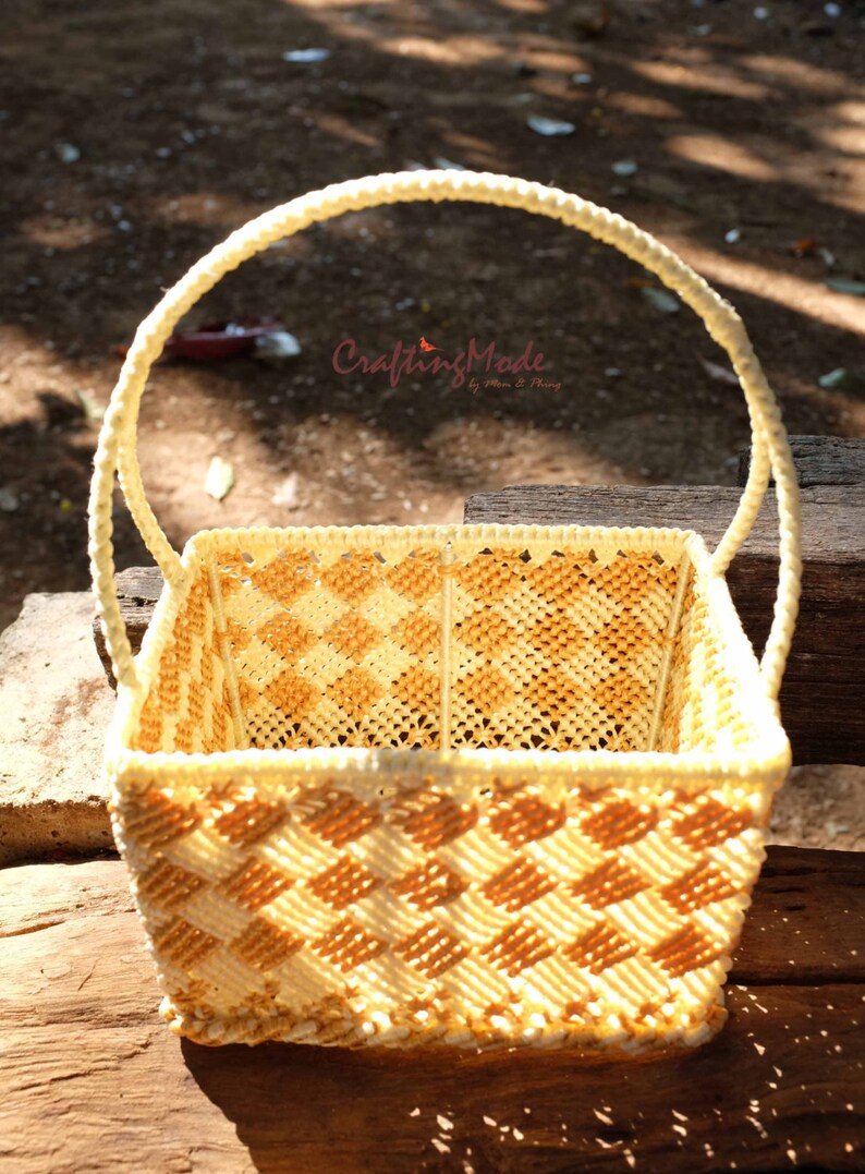Macrame, Basket,Handmade,Medium size,Natural color ,Birch and Ivory colors ,Storage,Picnic,Decorative,Gift,Outdoor,Weaving basket. image 3