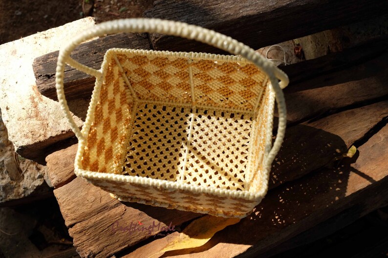 Macrame, Basket,Handmade,Medium size,Natural color ,Birch and Ivory colors ,Storage,Picnic,Decorative,Gift,Outdoor,Weaving basket. image 4