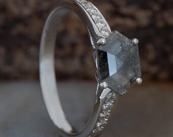 Alternative Vintage Style Hexagon Salt and Pepper Diamond Engagement Ring, Non Traditional Gray Diamond Promise Ring, Anniversary Ring