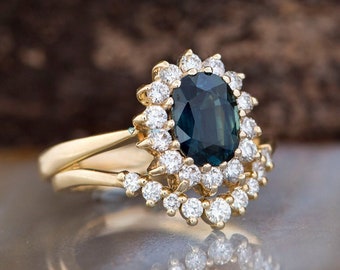 Blågrön safir vigselringset - Art déco bröllopsset - Brudset ring - Safir diamantring - Vintage brudset - Specialtillverkade smycken