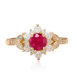 Vintage Style Solid Gold Halo Ruby Gemstone Flower Engagement Ring, Elegant Ruby and Natural Diamond Ring, July Birthstone Ring, Anniversary