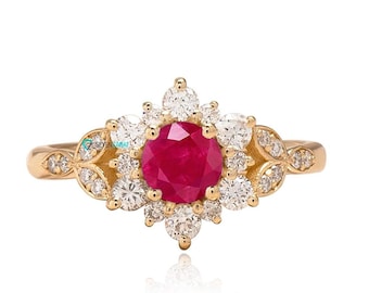 Vintage Style Solid Gold Halo Ruby Gemstone Flower Engagement Ring, Elegant Ruby and Natural Diamond Ring, July Birthstone Ring, Anniversary
