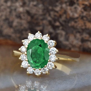 1 carat Green Emerald Engagement Ring-Diamond ring with Emerald-halo emerald ring-Oval cut engagement ring-Diana Ring-vintage emerald ring image 2