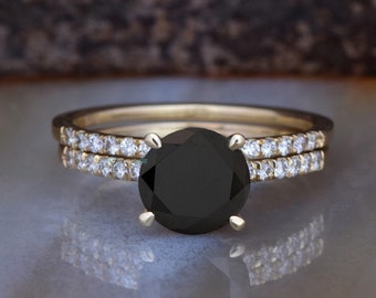 Black diamond ring-Black diamond ring set-Halo engagement ring set-Black diamond ring for women-Halo Wedding Set-2ct diamond engagement ring