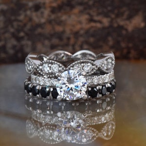 2.60 carat Stacking diamond ring set gold-Black diamond wedding band-Stackable wedding set with diamonds-Eternity band-Art Deco Diamond Band image 1