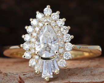 Vintage Style Double Halo Pear Genuine Diamonds Engagement Ring, Gatsby Baguette Engagement Ring, Marquise Promise Ring, Estate Diamond Ring