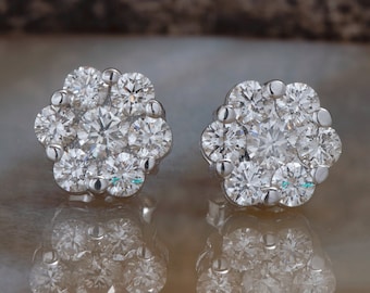 Flower diamond earrings-1.20 carat Gold Diamond Earrings-14K White Gold Earrings-Stud Earrings-Women Jewelry-Birthday present
