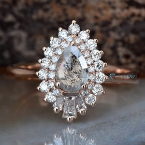 Unique Alternative Salt and Pepper Diamond Engagement Ring, Gatsby Pear Diamond Ring, Vintage Style Promise Ring, Elegant Marquise Ring