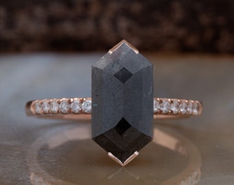 Anillo de diamantes de sal y pimienta de 2,22 quilates, anillo de compromiso de diamantes grises alternativo, anillo de promesa hexagonal geométrico, anillo de propuesta elegante