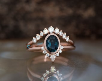 Obrączka ślubna Gatsby Oval Blue-Green Sapphire z naturalnymi akcentami diamentowymi, alternatywny zestaw ślubny z szafirami i diamentami, zestaw zaręczynowy