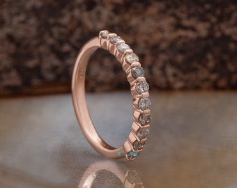 Elegant 14k/18k Solid Gold Salt and Pepper Diamond Wedding Band, Unique Wedding Ring, Stacking Diamond Ring, Gift For Wife, Anniversary Ring