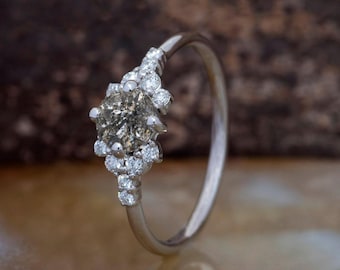 Non Traditional Flower Engagement Ring, Alternative Salt and Pepper Diamond Engagement Ring, Floral Promise Ring, Art Deco Diamond Jewelry