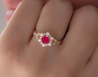 Vintage Style Solid Gold Halo Ruby Gemstone Flower Engagement Ring, Elegant Ruby and Natural Diamond Ring, July Birthstone Ring, Anniversary