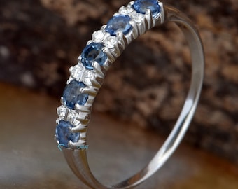 Elegant 14K/18K Gold Blue Sapphire & Diamond Wedding Ring, Dainty Anniversary Ring Gift for Her, Sparkling Solid Gold Sapphire Gemstone Ring