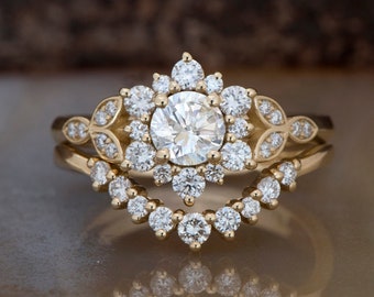 1 karaat bloem trouwring set-Art deco bruiloft set-Diamond Leaf ring-gouden ring-belofte ring-bruids set ring-gratis verzending