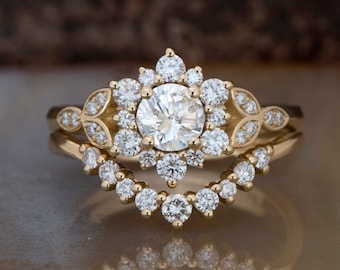1 quilate Flor anillo de boda conjunto-Art déco boda conjunto-Anillo de hoja de diamante-Anillo de oro -Anillo de promesa-Anillo de conjunto nupcial-Envío gratis